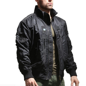 Blouson bomber bleu marine pour homme avec patch drapeau américain, col montant, fermeture éclair, coupe-vent décontracté en nylon - Product Image 2