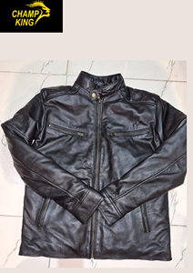 CHAMP KING Veste de moto en cuir véritable pour homme, fermeture éclair, col rabattable - Product Image 4