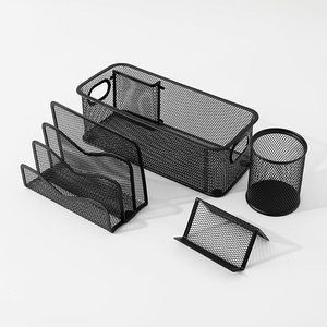 Ensemble d'organisateurs de bureau minimalistes en métal avec paniers en maille et porte-stylos pour le rangement de bureau - Product Image 2