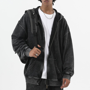 Sudadera con capucha y cremallera para hombre, estilo vintage, lavado ácido, de algodón y poliéster, con cremallera completa, para ropa urbana, informal, gimnasio, atletismo, moda, OEM, venta al por mayor - Product Image 2