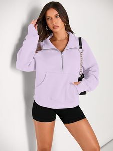 Sweat-shirt à col zippé pour femme, coupe oversize, en polaire lavande, lilas et violet, avec col demi-zippé et poche kangourou - Product Image 3
