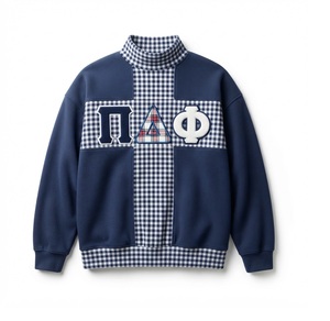 Sweat-shirt oversize à col rond pour femme, bleu marine, avec lettres grecques Phi Omega Alpha, bordure à carreaux, en coton tricoté, style automne - Product Image 3