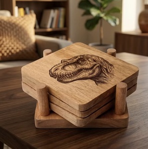 Ensemble de sous-verres carrés en bois avec motif dinosaure, tapis réutilisables, finition naturelle, épaisseur 10 mm, faits à la main, rustiques, diamètre 10 cm - Product Image 1