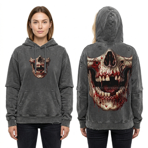 Sudadera con Capucha Gris Oscuro para Mujer, con Lavado Ácido, Diseño Gráfico de Calavera Ensangrentada Personalizado, Sudadera de Forro Polar Grueso con Efecto Desgastado, Ropa Urbana Gótica - Product Image 1
