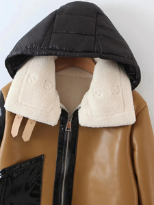 Chaqueta de invierno para mujer, de piel sintética con parches, abrigo cálido con capucha, sudaderas con capucha para mujer - Product Image 5