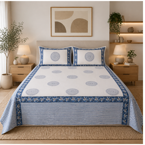 Premium Knnotted Earth White Blue Floral Jaipuri Indian Hand <b>Block</b> Printed 100% Cotton 3-Piece Classic Bedsheet Set All Season - Product Image 5