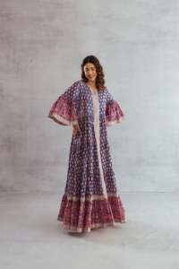 Boho Floral Print 100% Cotton Knitted Eco-Friendly Maxi <b>Dress</b> V Neck Bell Sleeve Loose Fit <b>Tassel</b> Ruffle Hem Summer Formal - Product Image 4