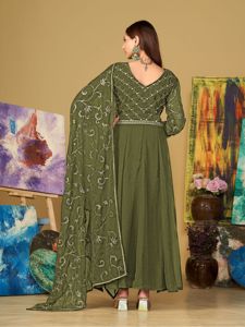 Women's Elegant <b>Light</b> Green Anarkali Suit Georgette Crepe 3/4 Sleeves Semi-Stitched for Festive Occasions Available at Low Price - Product Image 6