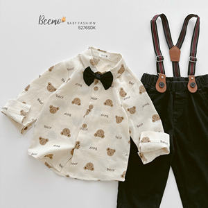 Conjunto de Ropa para Niños a la Moda, Camisas y Pantalones Holgados con Tirantes y Corbata de Moño, Traje de Caballero para Niños para Bodas, Cumpleaños, Ropa para Niños Pequeños - Product Image 1