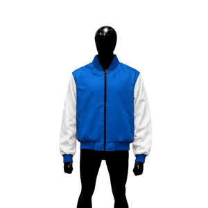 Veste universitaire en satin bleu avec manches blanches, veste bomber de baseball haut de gamme pour hommes et femmes, veste de mode Letterman en gros - Product Image 1