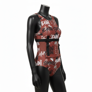 Maillot de bain une pièce pour femme en polyester et élasthanne de qualité supérieure, imprimé graphique marron, avec bretelles et logo personnalisé - Product Image 3
