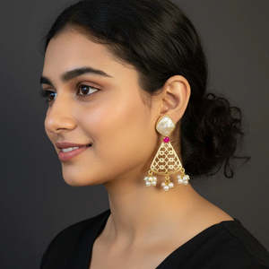 14K Rose Gold Dangler Earrings with Uncut Freshwater Pearl and Diamond Accent - Product Image 1