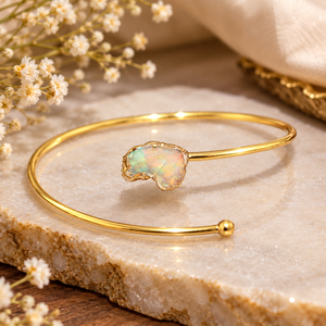 Natural Ethiopian <b>Opal</b> Gemstone <b>Gold</b> Electroplated Bangle for Adjustable Open Bangle Jewelry For Women Girls Gift Wholesale Bulk - Product Image 1