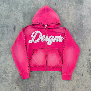 Sudadera con capucha corta con cremallera, lavado ácido personalizado, con tachuelas, estilo streetwear desgastado, de algodón y felpa con lavado vintage, servicio OEM - Product Image 2