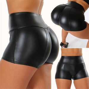 Shorts mini femme taille mi-haute en cuir, style décontracté chic, taille élastique, anti-plis, séchage rapide, noir uni, effet mouillé - Product Image 5