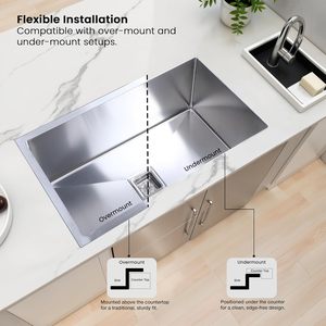 Fregadero de cocina individual hecho a mano de acero inoxidable premium con acabado mate, tubo de desagüe acoplado y cesta para lavar verduras - Product Image 4
