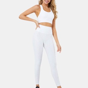 White 2 Piece Yoga Set <b>Crop</b> <b>Top</b> High Waist Leggings Seamless Breathable Racerback Sleeveless Solid Pattern - Product Image 5