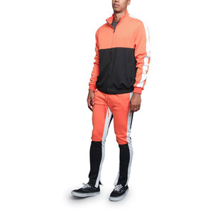 Ensemble de survêtement pour homme, orange et noir, à blocs de couleur, manches longues, col montant, style sportif, pour l'automne, en polyester et coton respirant - Product Image 5