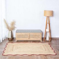 Luxuriöser, umweltfreundlicher, 100 % natürlicher Jute-Teppich, handgeflochten, Boho-Stil, rot, mit Wellenrand, als Läufer, Fußmatte oder Gebetsteppich für die Heimdekoration