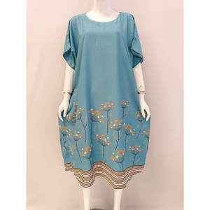 Women Floral Print Cotton Loungewear Dress Knee Length Short Sleeve Round Neck Casual Loose Fit Spring Wear - Product Image 4