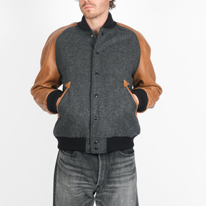 Grey and Tan Varsity <b>Jacket</b> for Men Wool and <b>Leather</b> Bomber Style Outerwear with Snap Button Front and Ribbed Collar Cuffs and - Product Image 3