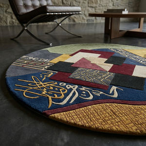 Tapis rond en laine de luxe à calligraphie arabe, tissé à la main, motif géométrique, tapis d'art islamique personnalisé pour intérieurs de luxe - Product Image 3