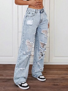Pantalon en jean 100 % coton coupe droite mi-haute pour femme, respirant, style streetwear, poches avant, design personnalisé, prix abordable, vente en gros - Product Image 4