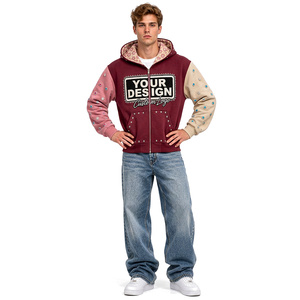 Sudadera con capucha y cremallera para hombre, personalizada, bordada, de algodón grueso, con bloques de color, estilo urbano informal y desgastado. - Product Image 3