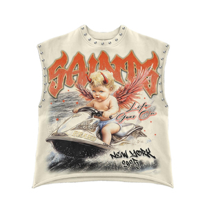เสื้อยืดสตรีทแวร์พรีเมียมแบบไม่มีแขน ผ้าคอตตอนหนา 100% พิมพ์ลายกราฟิก ตกแต่งด้วยหมุด  ทรงโอเวอร์ไซส์ รับผลิตแบบ OEM จำนวนมาก - Product Image 3