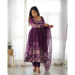 PURE DOUX ENSEMBLE COSTUME ORGANZA ANARKALI ENTIÈREMENT COUDU DKB -261 VIN - Product Image 3