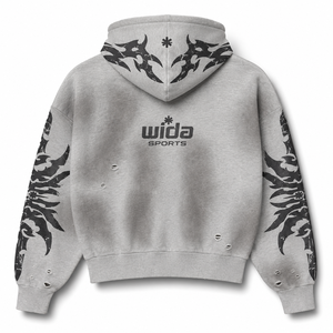 Custom 400 GSM Grey Enzyme Washed Full Zip Distressed Streetwear Hoodie With Screen Printed Sleeve Graphics - Product Image 2