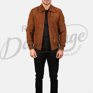 เสื้อแจ็คเก็ตหนังกลับสีน้ำตาลสำหรับผู้ชาย หนังแกะแท้ ทรงเข้ารูป สไตล์ลำลอง แนวโมโตเรเซอร์ ซิปหน้า พร้อมปกเสื้อเชิ้ต - Product Image 4