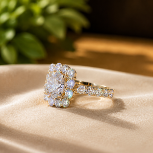 Anillo de compromiso de oro amarillo vermeil con halo de diamantes redondos para mujer, anillo de boda de moissanita, anillo de promesa. - Product Image 4