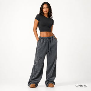 Pantalon de jogging polaire large pour femme, taille mi-haute élastique, couleur unie, étoile brodée, personnalisable, décontracté, pour l'hiver - Product Image 1