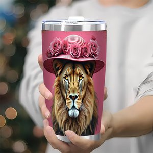 Vaso de acero inoxidable de 20 oz con doble pared aislante y diseño de león y sombrero de flores para café, té y viajes - Product Image 3