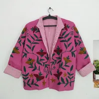 Blouson Bomber Unisexe en Velours et Coton Fait Main pour l'Automne, Rose Vibrant, Broderie Florale Bohème, Motif Botanique, Ouvert sur le Devant