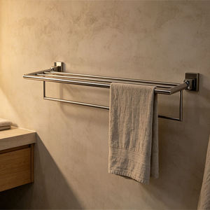 Étagère murale moderne en acier inoxydable brossé écologique à double couche pour serviettes de salle de bain, support de rangement supérieur élégant - Product Image 2