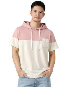 เสื้อฮู้ดแขนสั้นผู้ชายแบบสั่งทำพิเศษ สีชมพู แต่งบล็อกสี สไตล์ลำลอง มีกระเป๋า ผ้าคอตตอนผสมเนื้อนุ่ม สวมใส่สบาย - Product Image 1