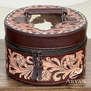 Caja Redonda de Cuero Repujado a Mano con Diseño Floral, Estilo Vintage, para Guardar Joyas, de Cuero Vacuno, Súper Oferta de Septiembre - Product Image 1