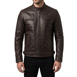 Veste en cuir bleu marine minimaliste pour homme, col bandoulière, fermeture éclair verticale épurée, poches latérales fendues, veste unie - Product Image 3