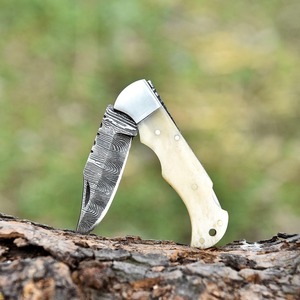 Handmade Damascus Steel Folding <b>Knife</b> • <b>Bone</b> <b>Handle</b>, Leather Sheath - Product Image 1