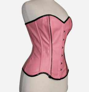 Pink Faux Leather Corset <b>Women's</b> Firm Control Shapewear With Hook-and-Eye Closure Over Bust Front Black Piping Steel Boned - Product Image 2