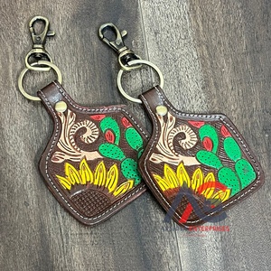 2026 New Arrival <b>Tooled</b> <b>Leather</b> Cowhide Keychain Sunflower Cactus Western Key Fob Rustic Floral Car Key Holder Gift for Women's - Product Image 1