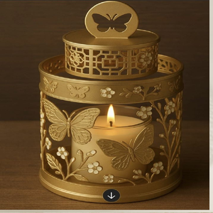 Lanterne ornementale dorée avec motif papillon et floral, et un pot à bougie central en verre. Cadeau sur le thème du jardin disponible à prix de gros. - Product Image 1