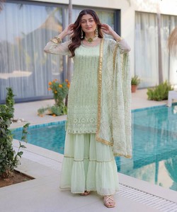 Ensemble haut, sharara et dupatta en coton de luxe, avec broderie fantaisie en géorgette, travail de sequins et zari, multicolore, pour tenue de fête, prix de gros, ethnique - Product Image 1