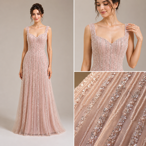 Elegante Vestido de Noche Rosa Pálido, Corte A, Sin Mangas, con Bordado y Tul |   Vestido Formal de Fiesta para Mujer, Marca Privada OEM, India - Product Image 2