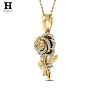 Elegant Rose Flower <b>Pendant</b>, Pavé and Baguette Diamond Floral Jewelry, <b>Solid</b> <b>Gold</b> Fine Jewelry by Heerak Diamonds - Product Image 3