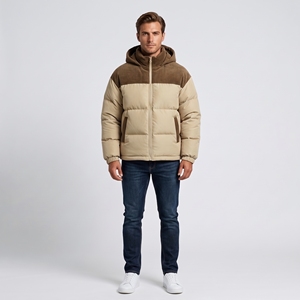 Veste matelassée à capuche en velours côtelé color block, veste d'hiver décontractée pour l'extérieur - Product Image 1