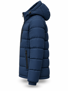 Men's Navy Hooded Puffer <b>Jacket</b> Waterproof Windproof Zipper Closure Front Logo Polyester Wadding Winter <b>Smart</b> Casual Coat - Product Image 3