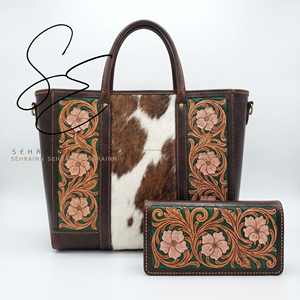 SEHRAINN Ensemble Sac Fourre-tout et Portefeuille en Cuir Gratté Vintage avec Poil - Sac à Main Western Cowgirl et Pochette Porte-cartes - Product Image 1
